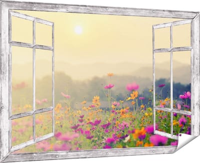 Gards Tuinposter Doorkijk Bloemenveld met Kosmos - Zonsondergang - 180x120 cm - Tuindoek - Tuindecoratie - Wanddecoratie buiten - Tuinschilderij