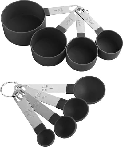Famanu - Maatlepels set 8-delig zwart, multifunctionele lepels met maatverdeling voor vaste stoffen en vloeistoffen, koken en bakken