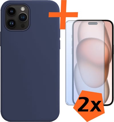 Hoes - Met 2x Screenprotector - Geschikt voor Apple iPhone 15 Pro - Sterk & Shockproof - Back Cover - Siliconen Case - Telefoon Hoes - Donkerblauw