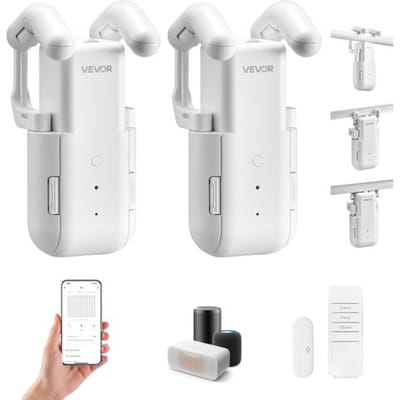 VEVOR Automatische Gordijnopener 2-pack (App & Afstandsbediening & Spraakbediening) Gordijnopener, Compatibel met Alexa & Google Home, met Stille Modus & Timer, voor Romeinse Jaloezieën U-/I-Rails