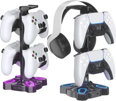 RGB Hoofdtelefoonhouder met Draaimechanisme, 9 Verlichtingsmodi, Controllerhouder met 2 USB-poorten en Type C Jack, Gaming Hoofdtelefoonstand voor Gamers en Streamers