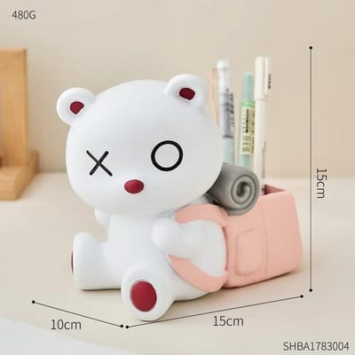 Décoration d'intérieur créative Sac à dos Ours Pot à stylos Ornement de bureau pour étude Accessoires de bureau Boîte de rangement pour stylos en résine Artisanat Cadeau white