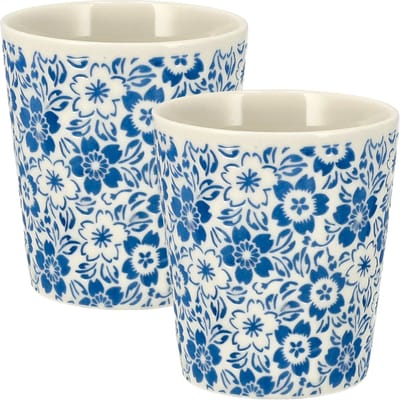 Koffiekopjes Set van 2 – Keramische Koffiemokken 200 ml Zonder Oor – Blauw Wit Bloemen Patroon – Espresso Kopjes Cappuccino Bekers en Theekopjes