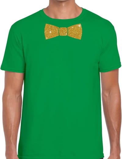Feestkleding t-shirt - met gouden strikje - groen - voor heren - vlinderdas - glitter and glamour S