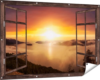 Gards Tuinposter Doorkijk Zonsondergang in de Bergen met Wolken - 150x100 cm - Tuindoek - Tuindecoratie - Wanddecoratie buiten - Tuinschilderij