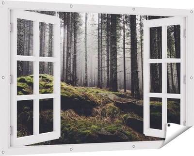 Gards Tuinposter Doorkijk Bos met Mos op Rotsen - 150x100 cm - Tuindoek - Tuindecoratie - Wanddecoratie buiten - Tuinschilderij