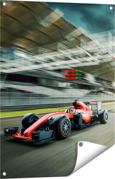 Gards Tuinposter Formule 1 Auto bij de Finish in het Rood - 60x80 cm - Tuindoek - Tuindecoratie - Wanddecoratie buiten - Tuinschilderij