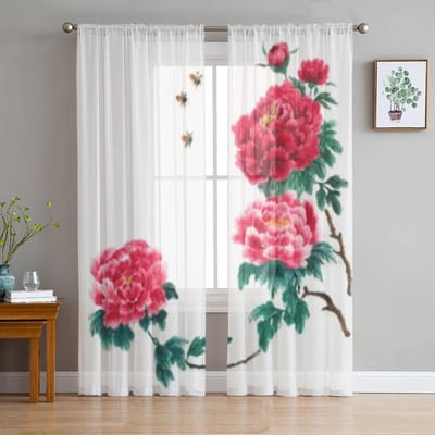 Chinese Pioenrozen Transparante Raamgordijnen Voor Woonkamer Slaapkamer Modern Voile Tule Gordijnen Stof Draperieën Voor Keuken 135W x 114H(cm) white