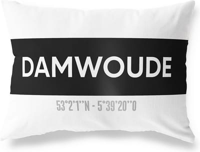Tuinkussen DAMWOUDE - FRIESLAND met coördinaten - Buitenkussen - Bootkussen - Weerbestendig - Jouw Plaats - Studio216 - Modern - Zwart-Wit - 50x30cm