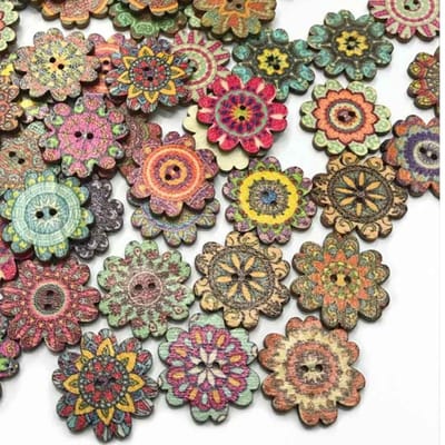 25 houten knopen in de vorm van een bloem 2CM met Mandala opdruk - blauw/paars/groen print - voor naaien, decoreratie, scrapbooking