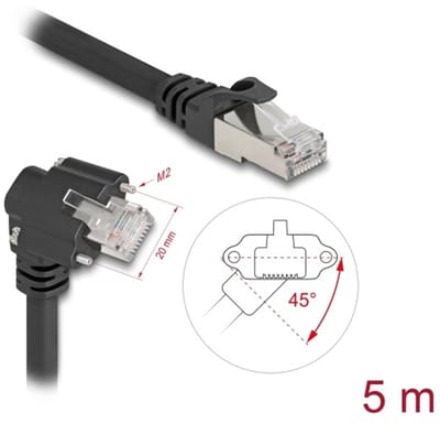 Delock GigE Camera Cable RJ45 plug 45° rotated and 90° angled with screws to RJ45 plug Cat.6 S/FTP 5 m black