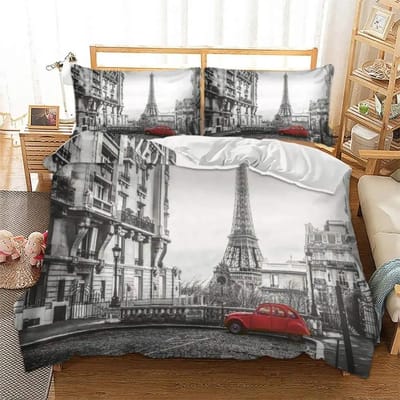 Eiffeltoren Dekbedovertrek Set King/Queen Size Parijs Thema Beddengoed Set Meisjes Tieners, Beroemde Franse Grijze Stadsgezicht Stijl Dekbedovertrek EU single(135x200cm)