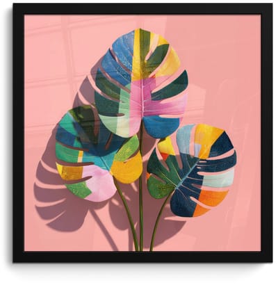 Poster in lijst - Fotolijst 40x40 cm - Posters - Bladeren - Geschilderd - Vlakken - Kleurrijk - Posterlijst zwart - Decoratie - Wanddecoratie woonkamer - Muurdecoratie slaapkamer