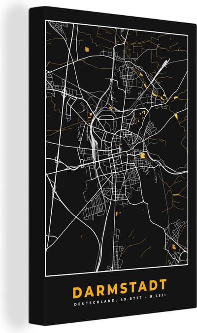 Canvas Schilderij Darmstadt - Plattegrond - Kaart - Stadskaart - Goud - Duitsland - 20x30 cm - Wanddecoratie