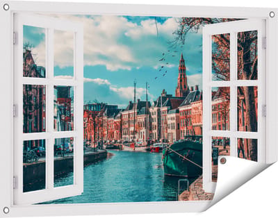 Gards Tuinposter Doorkijk Gracht in Groningen - 90x60 cm - Tuindoek - Tuindecoratie - Wanddecoratie buiten - Tuinschilderij