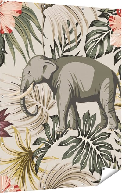 Gards Tuinposter Tropisch Getekende Olifant - Abstract - 120x160 cm - Tuindoek - Tuindecoratie - Wanddecoratie buiten - Tuinschilderij