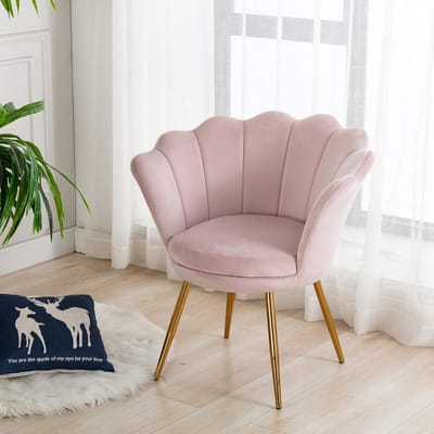 Aurora Velvet Shell Lounge Make-up Stoel 52x46x79 cm Lichtroze – Fluwelen Kaptafelstoel met Armleuningen en Gouden Metalen Poten – Modern Design Accent Chair