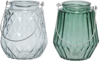 Set van 2x stuks theelichthouders/waxinelichthouders ruit/streep glas ijsblauw en zeegroen met metalen handvat 11 x 13 cm