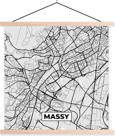 Posterhanger incl. Poster 40x40 cm - Schoolplaat - Kaart - Stadskaart - Frankrijk - Massy - Plattegrond - Textielposter - Blanke latten - Stadskaart