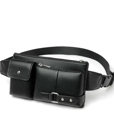 Multi-Pocket Pack PU Leer Heuptas Slanke Schoudertas Portemonnee Verstelbare Riem Casual Pouch Buitentas zwart