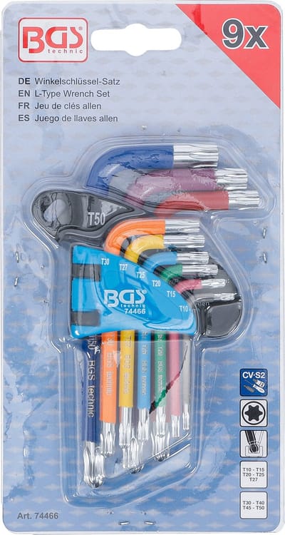 BGS Stiftsleutelset - meerkleurig - kort - Torx met kogelkop T10 - T50 - 9 delig