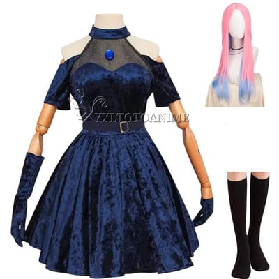 Anime Buitenaards Podium Mizi Sua Cosplay Kostuum Pruik Donkerblauw Jurk Roze Blauw Lang Haar Handschoenen Kousen Riem Set Uniform voor Kerst XXL