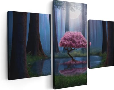 Artaza Canvas Schilderij Drieluik Roze Boom Op Een Vijver In De Nacht - 90x60 - Foto Op Canvas - Canvas Print