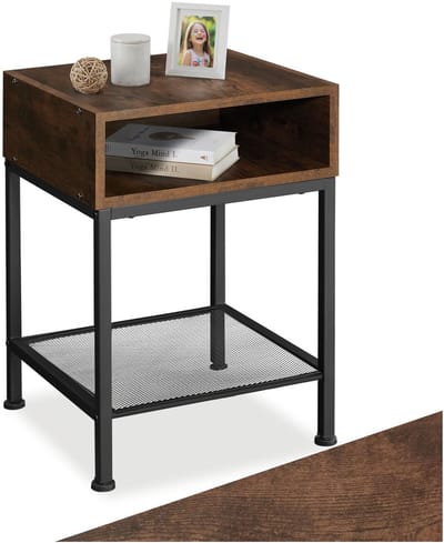 tectake® Bijzettafel met open vak en roosterplank - Nachtkastje in industrieel design - Voor woonkamer, slaapkamer, kantoor, hal - Eenvoudige montage - Zwart metalen frame - Afmeting (LxBxH) 40,5 x 40,5 x 59 cm - Donkerbruin