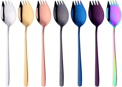 Sporks roestvrijstalen vork, lang, 21,5 cm, kleurrijke vork, lepel, 7 stuks, slavorken, 2-in-1 tafelvorken, soeplepel, lange steel, om mee te nemen, camping, outdoor, picknick