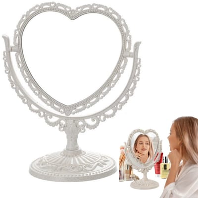 1 artikel - Make-upspiegel in hartvorm - Vintage spiegel in hartvorm - Kaptafelspiegel - Make-upspiegel voor op tafel - Elegante make-upspiegel voor op het bureau - Draaibaar - Lichtgewicht - Geschikt voor badkamer en slaapkamer