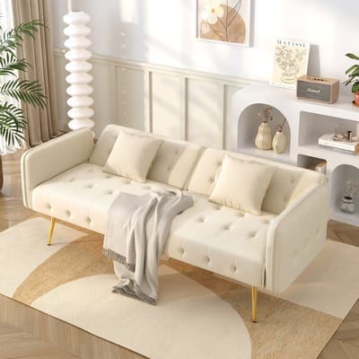 MODENUIT Slaapbank 215 x 81,5 cm - 2-in-1 Met Verstelbare Rugleuning en Armleuningen - Voor Woonkamer - Velvet Beige