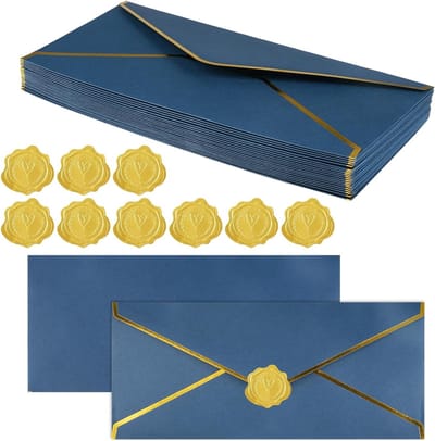 Lange Uitnodigingsenveloppen met Gouden Rand en Stickers voor Bruiloften, Verjaardagen en Feesten - 20 Stuks, 24×10,5 cm, V Flap, Perfect voor Cadeaubonnen en Uitnodigingen