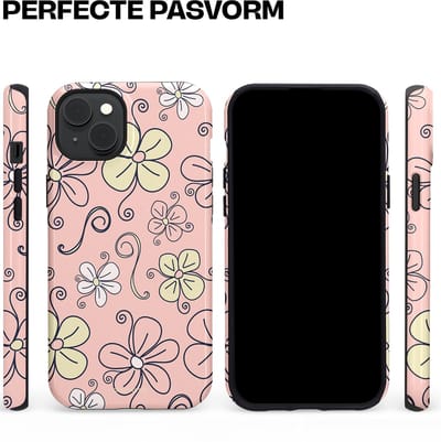 Casetastic hoesje geschikt voor Apple iPhone 15 Plus - MagSafe - Dubbellaagse bescherming - Pastel Perzik Doodle Peach Bloemen - Fashion Case - Zand Zilver Lichtroze