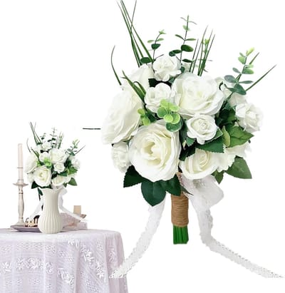 Bruidsboeket - Kunstbloemen Boeket - Bruiloft Decoratie - Realistisch Ontwerp - 28x24cm - Wit