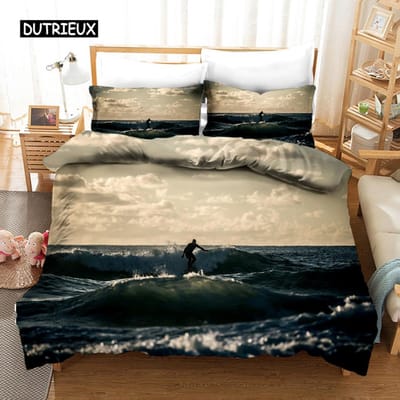 Surfen Dekbedovertrek Set Surfboards Jeugd Oceaan Sport Thema Beddengoed Set Voor Tieners Polyester Golven Surfen Oceaan Queen Dekbedovertrek EU single(135x200cm)
