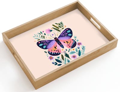 Dienblad hout 40x30 cm - Schootdienblad - Bloemen - Bladeren - Vlinder - Kleurrijk - Borrelplank rechthoek - Plateau dienbladen
