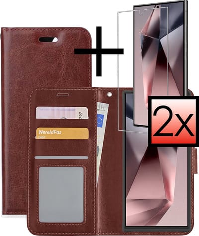 Hoesje - Met 2x Screenprotector - Geschikt voor Samsung Galaxy S24 Ultra - Luxe Pasjeshouder - Bookcase Portemonee - Flip Case - Kunstleer Book Case - Flipcase Hoes - Book Cover - Walletcase - Portemonneehoes - Bruin