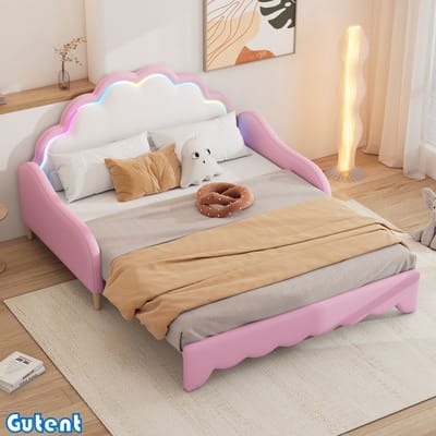 Gutent Kinderslaapbank-140*200 cm-Converteerbaar naar plat oppervlak-Hoofdbord met licht-met afstandsbediening-Pink-Geen matras