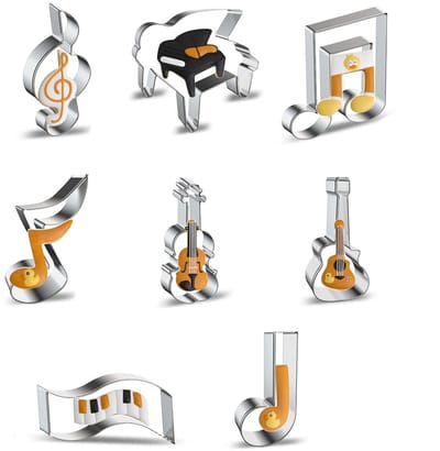Dailygoods- Uitsteekvormpjes 8 Stuks - Muzieknoten/Instrumenten - Koekjesvormen - Fondant/Gebak - Taartdecoratie - Voedselveilig Roestvrij Staal - Koekjessteker