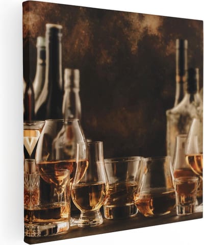 Artaza Canvas Schilderij Stilleven - 30x30 cm - Klein - Wanddecoratie Whisky Glazen - Muurdecoratie Woonkamer - Schilderijen Op Canvas