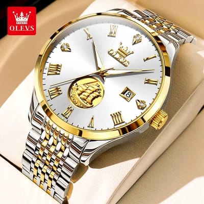 HO-6696.gz : Olevs 3 master zeilschip, goudzilverkleurig automatisch/mechanisch edelstaal heren horloge, 3BAR, tourbillon, luminiscerend