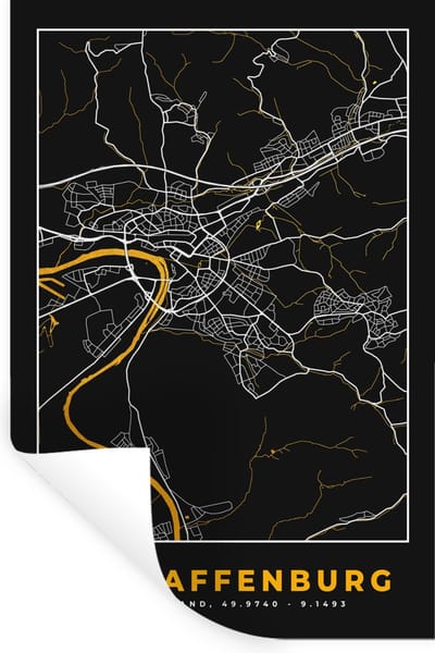 Muurstickers - Sticker Folie - Goud – Duitsland – Plattegrond – Gold – Stadskaart – Kaart – Aschaffenburg - 20x30 cm - Plakfolie - Muurstickers Kinderkamer - Zelfklevend Behang - Zelfklevend behangpapier - Stickerfolie
