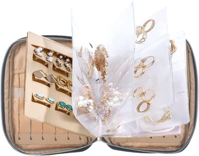 Sieraden Organizer Case Draagbaar Reisformaat - Opbergrol voor Oorbellen en Kettingen met Binder Zakken - Zwart
