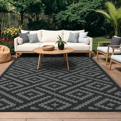 Tapijten Voor Buiten Waterdicht Omkeerbaar Tapijt Camper, Balkon, Patio, Terras, 120x180cm, Ruit Zwart en Grijs