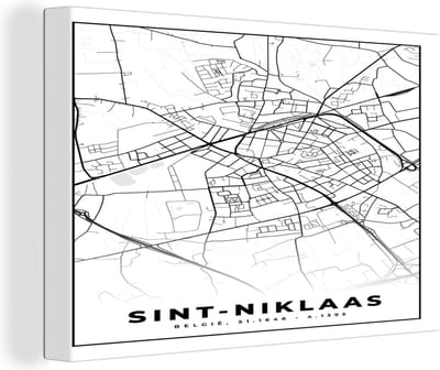 Canvas Schilderij Stadskaart – Plattegrond – België – Zwart Wit – Sint Niklaas – Kaart - 30x20 cm - Wanddecoratie