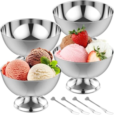 Set van 4 ijshorens met 4 ijsglazen en 250ml roestvrijstalen dessertkommen, ideaal voor sorbet, tiramisu en desserts