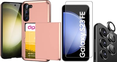 Hoesje met Pasjeshouder geschikt voor Samsung Galaxy S23 FE - Screenprotector GlassGuard & Camera Lens Screen Protector Zwart - Back Cover SlideCase Roségoud