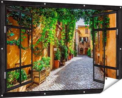 Gards Tuinposter Doorkijk Straatje in Rome met Groene Planten - 150x100 cm - Tuindoek - Tuindecoratie - Wanddecoratie buiten - Tuinschilderij
