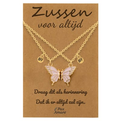 BFF Ketting voor 2 'Zussen voor altijd' - Magnetische Roze Vlinder - Vriendschapsketting op Cadeau Kaartje - 45cm + 5cm verstelbaar - Goudkleurig - Sisters Hanger - Pax Amare