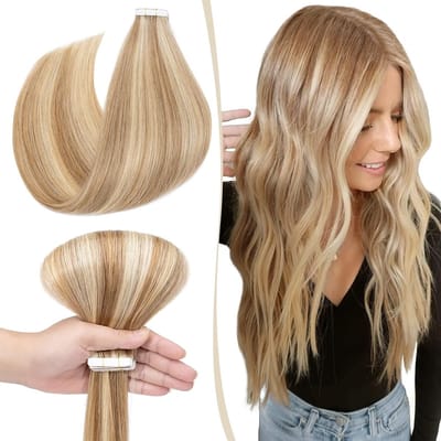 Echthaar Tape Extensions 10 Tressen Klebeband 25g Haarverlängerung 100% Remy Haar Weissbraun/Hellblond 45.72 cm voor Volumineus en Natuurlijk Haar